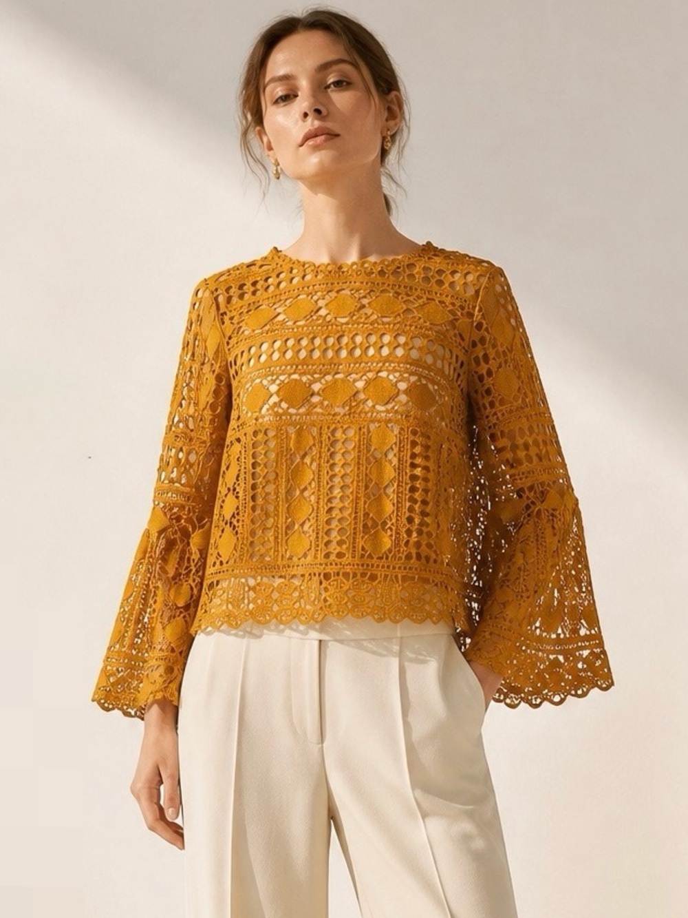 ELLISON  Mustard Crochet Lace Blouse Fluted Sleeves